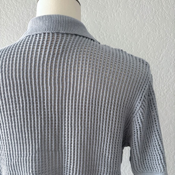 Massive Luxury Men Size M Blue Crochet Knit Button Down Shirt Polo Short Sleeve - Picture 5 of 10